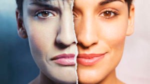 Bipolar disorder at the Apex Clinic site example where a women's face is split into two emotions sad and happy face